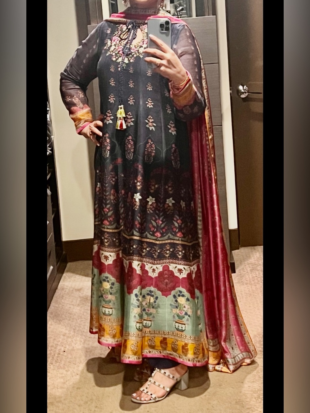 Women's Black Floral Printed Long Sleeve Maxi Dress with Maroon Dupatta